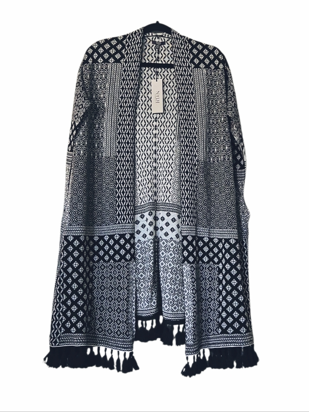 NYDJ Open Kimono Poncho Fringe Western Black White Wrap Cardigan Size S/M NWT